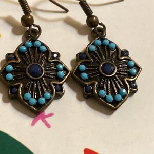 Blue Rhinestone Gold Tone dangle pierced earrings